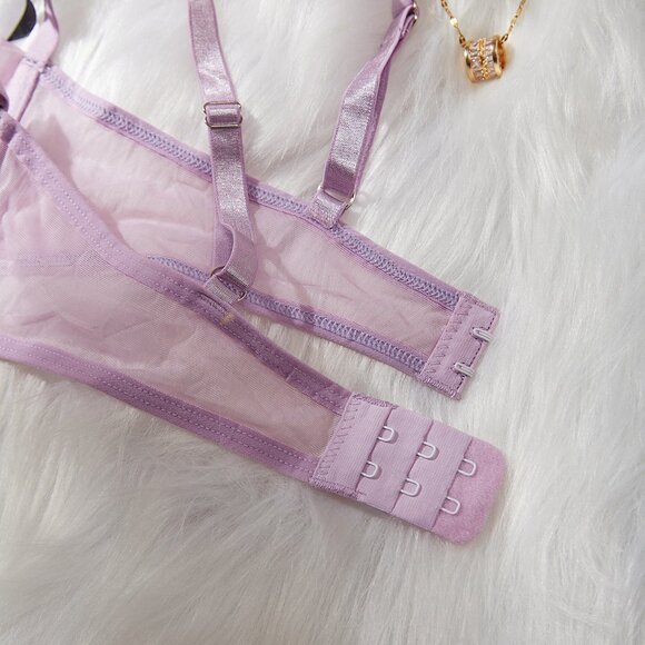 Purple Embroidery Floral Longline Bra Set Women Lingerie Set Mesh Underwear - Picture 14 of 14